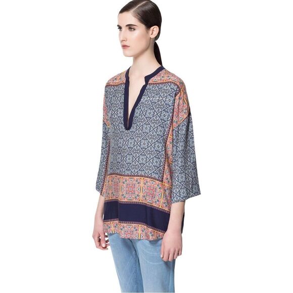 Zara Multicolor Print 3/4 Kimono Sleeve Oversized Boho Vneck Tunic Blouse - Picture 1 of 11